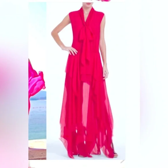 BCBG Basha Begonia Barbie Pink Bow Tie Long Silk Sheer Chiffon Tiered Maxi Dress